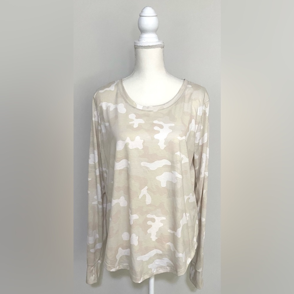 Zelos Womens XL Solid Beige White Camo Long Sleeve Crewneck Top Boho Streetwear - Picture 4 of 12